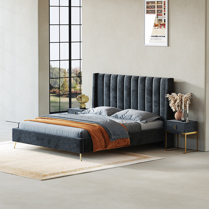 Bed Frame Velvet Fabric Platform Bed Thick Padded Headboard Premium Wooden Frame Bedroom