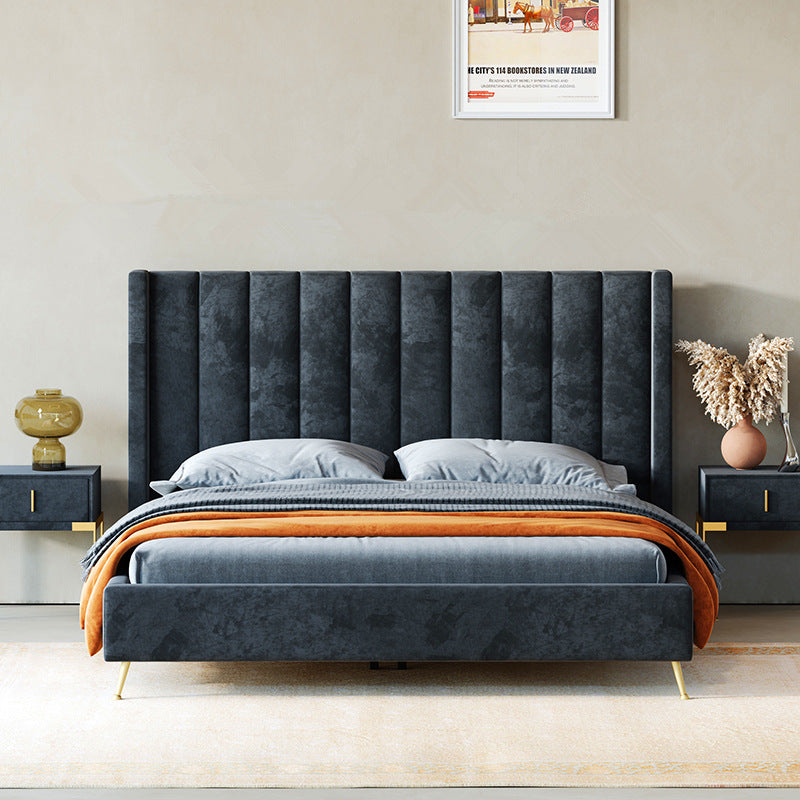 Bed Frame Velvet Fabric Platform Bed Thick Padded Headboard Premium Wooden Frame Bedroom