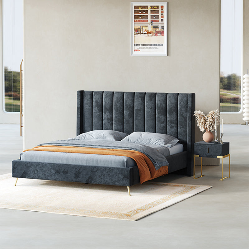Bed Frame Velvet Fabric Platform Bed Thick Padded Headboard Premium Wooden Frame Bedroom