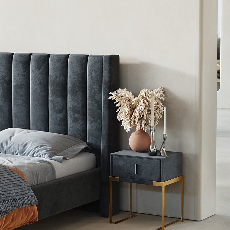 Bed Frame Velvet Fabric Platform Bed Thick Padded Headboard Premium Wooden Frame Bedroom