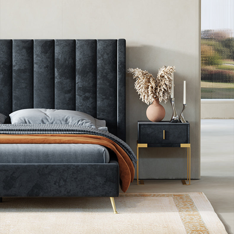 Bed Frame Velvet Fabric Platform Bed Thick Padded Headboard Premium Wooden Frame Bedroom