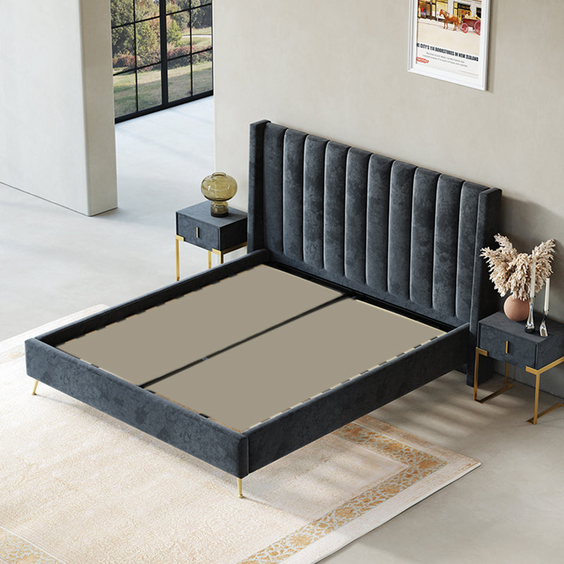 Bed Frame Velvet Fabric Platform Bed Thick Padded Headboard Premium Wooden Frame Bedroom