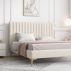 Bed Frame Velvet Fabric Platform Bed Thick Padded Headboard Premium Wooden Frame Bedroom