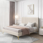 Bed Frame Velvet Fabric Platform Bed Thick Padded Headboard Premium Wooden Frame Bedroom