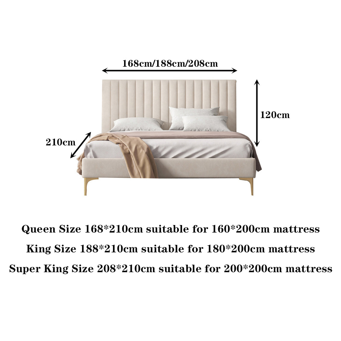 Bed Frame Velvet Fabric Platform Bed Thick Padded Headboard Premium Wooden Frame Bedroom