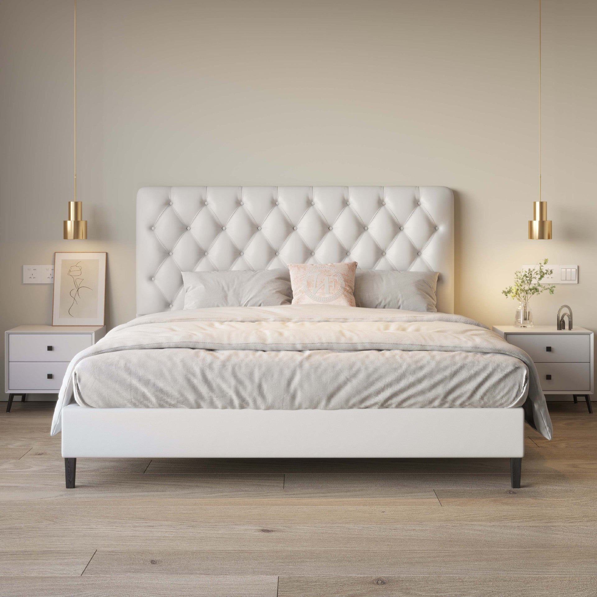 Bed Frame Velvet Fabric Platform Bed Thick Padded Headboard Premium Wooden Frame Bedroom