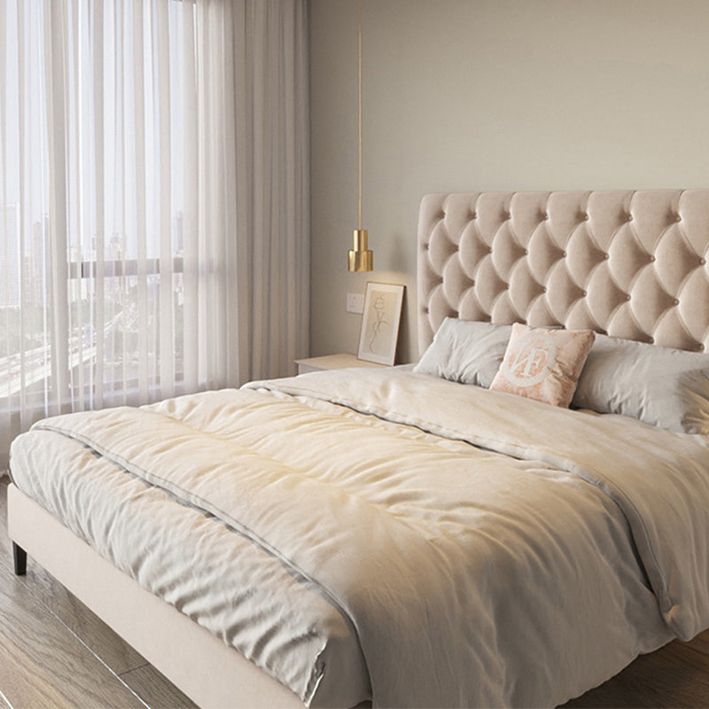 Bed Frame Velvet Fabric Platform Bed Thick Padded Headboard Premium Wooden Frame Bedroom