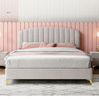 Bed Frame Velvet Fabric Platform Bed Thick Padded Headboard Premium Wooden Frame Bedroom