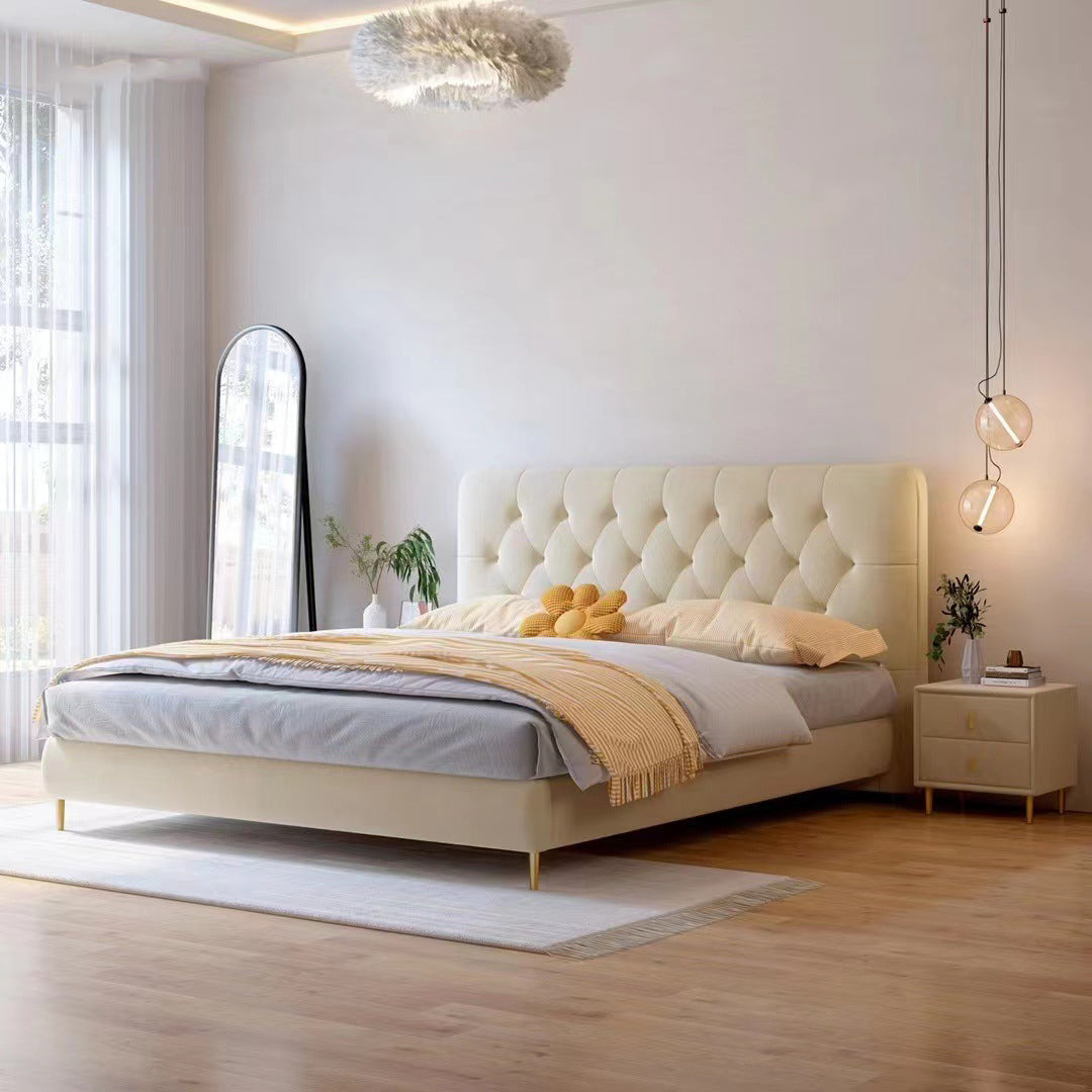 Bed Frame Velvet Fabric Platform Bed Thick Padded Headboard Premium Wooden Frame Bedroom