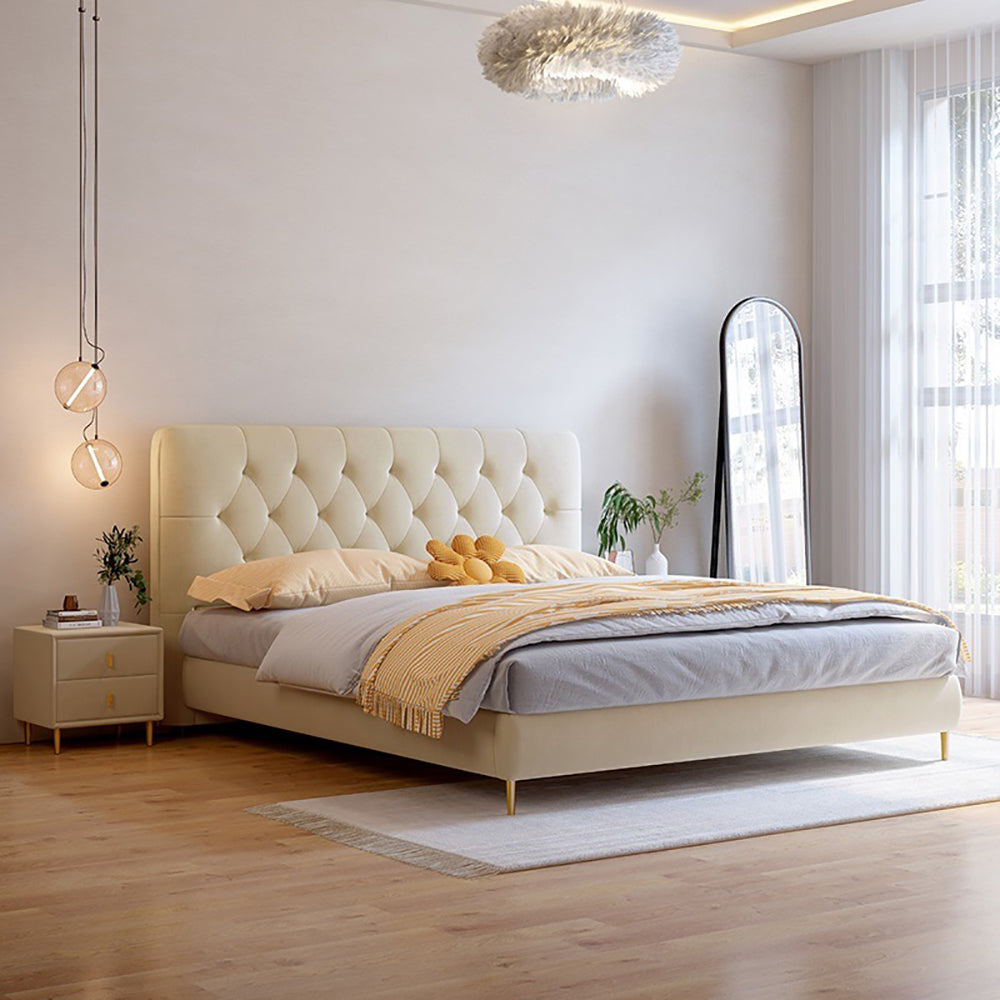 Bed Frame Velvet Fabric Platform Bed Thick Padded Headboard Premium Wooden Frame Bedroom