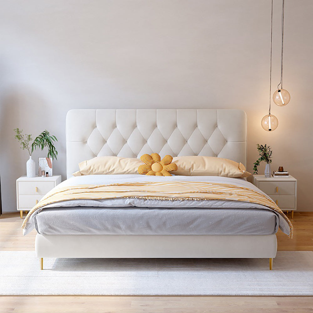 Bed Frame Velvet Fabric Platform Bed Thick Padded Headboard Premium Wooden Frame Bedroom