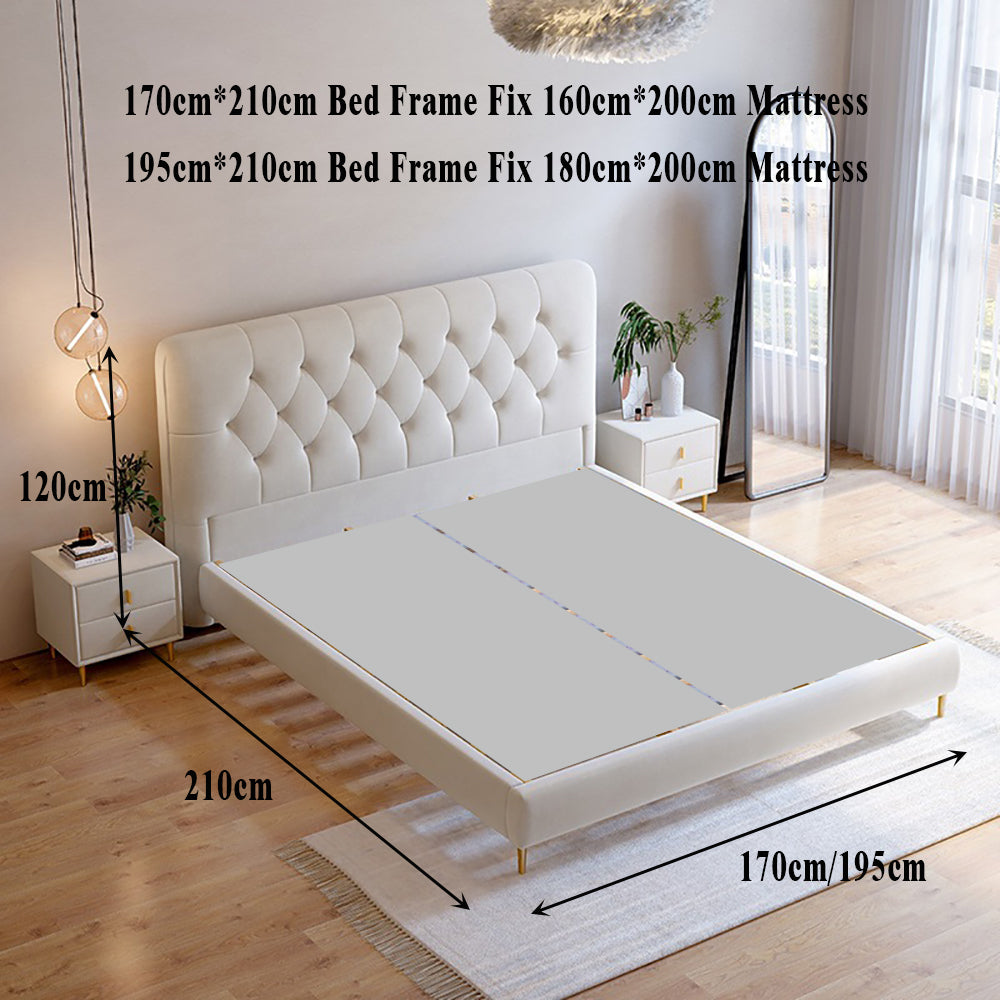 Bed Frame Velvet Fabric Platform Bed Thick Padded Headboard Premium Wooden Frame Bedroom