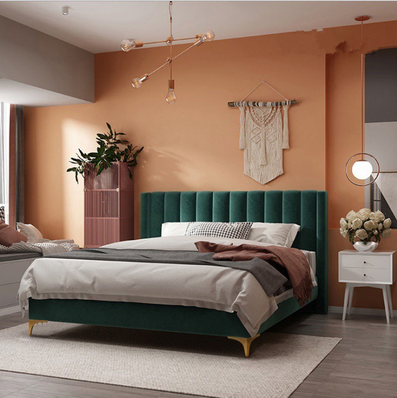 Bed Frame Velvet Fabric Platform Bed Thick Padded Headboard Premium Wooden Frame Bedroom