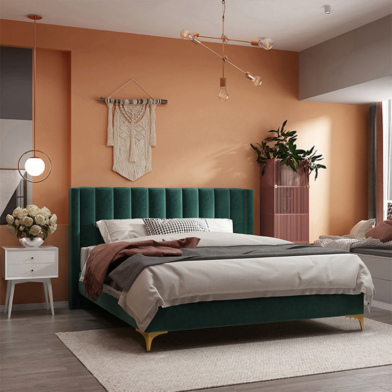 Bed Frame Velvet Fabric Platform Bed Thick Padded Headboard Premium Wooden Frame Bedroom