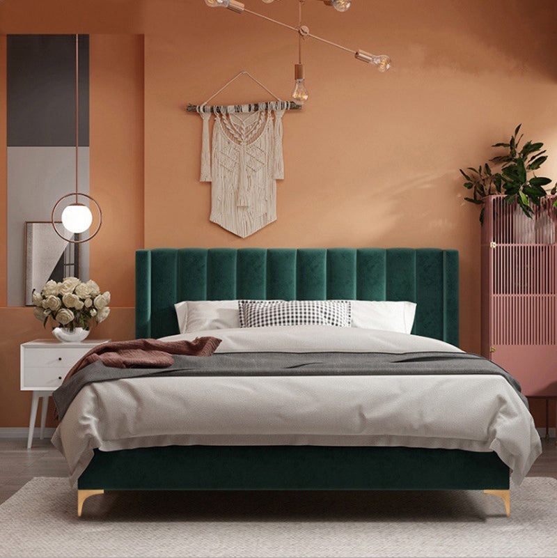 Bed Frame Velvet Fabric Platform Bed Thick Padded Headboard Premium Wooden Frame Bedroom