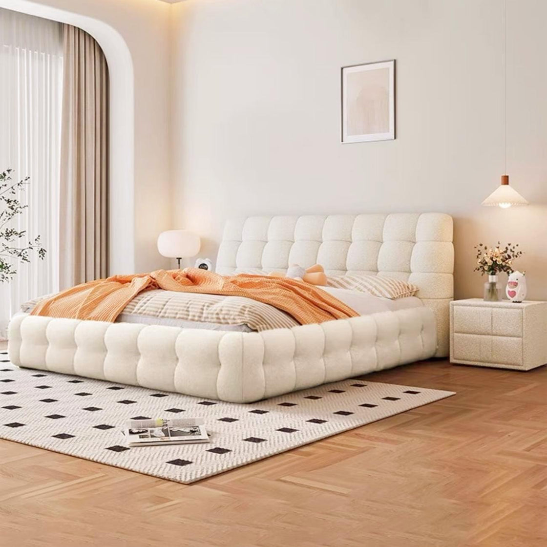 Bed Frame Fleece Fabric Platform Bed Thick Padded Headboard Bedroom Furniture