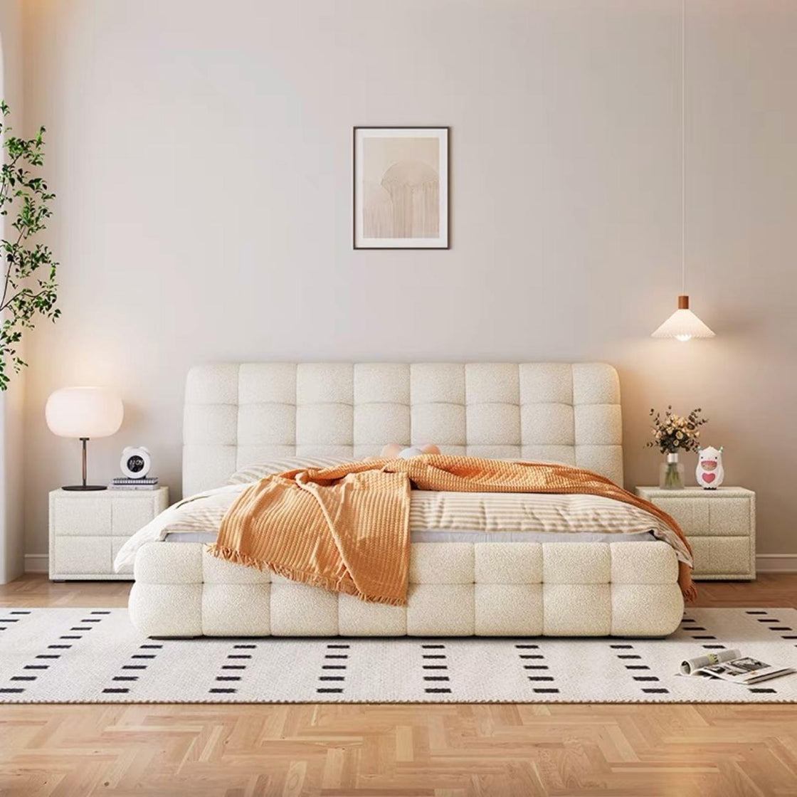 Bed Frame Fleece Fabric Platform Bed Thick Padded Headboard Bedroom Furniture