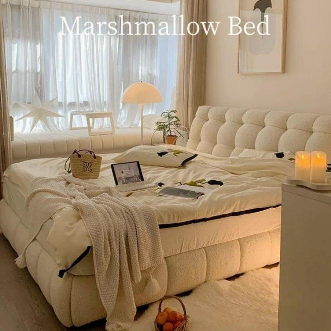 Bed Frame Fleece Fabric Platform Bed Thick Padded Headboard Bedroom Furniture