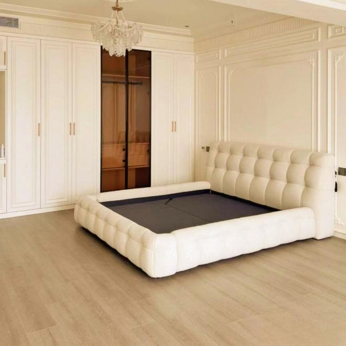 Bed Frame Fleece Fabric Platform Bed Thick Padded Headboard Bedroom Furniture