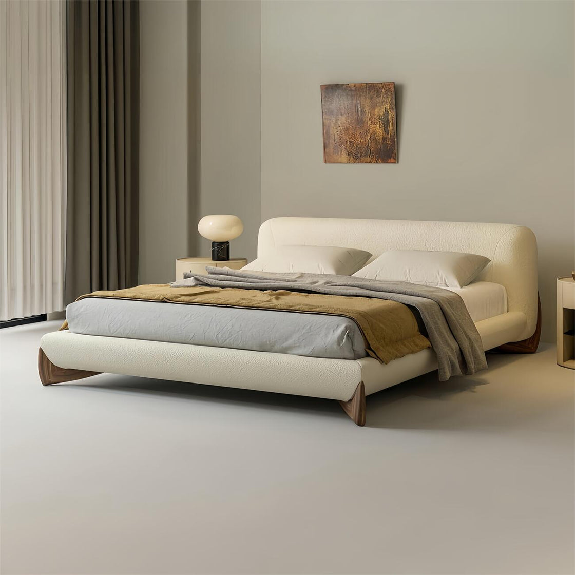 Bed Frame Fleece Fabric Platform Bed Thick Padded Headboard Bedroom Furniture