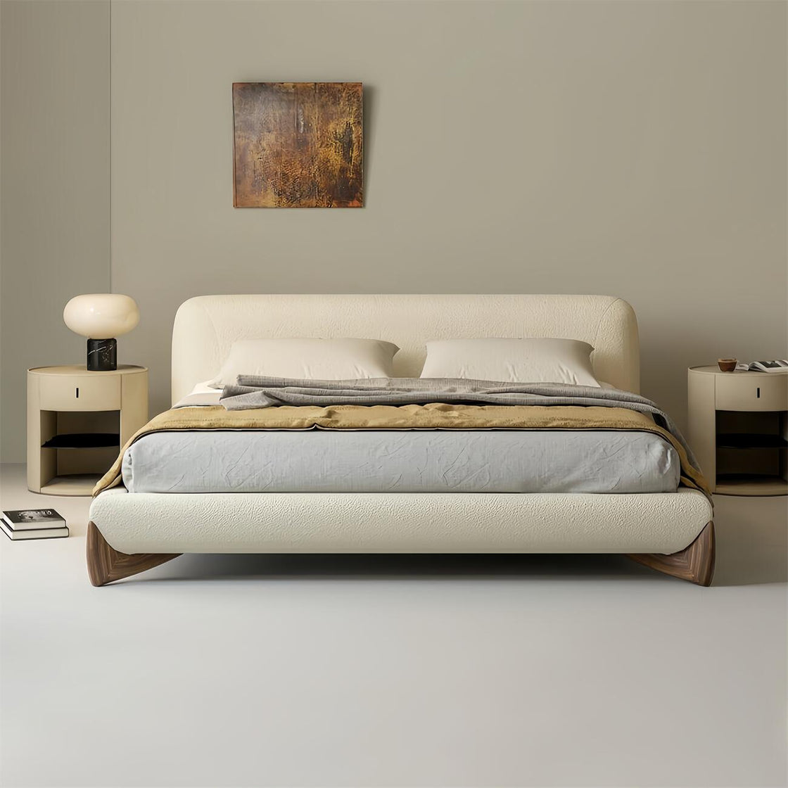 Bed Frame Fleece Fabric Platform Bed Thick Padded Headboard Bedroom Furniture