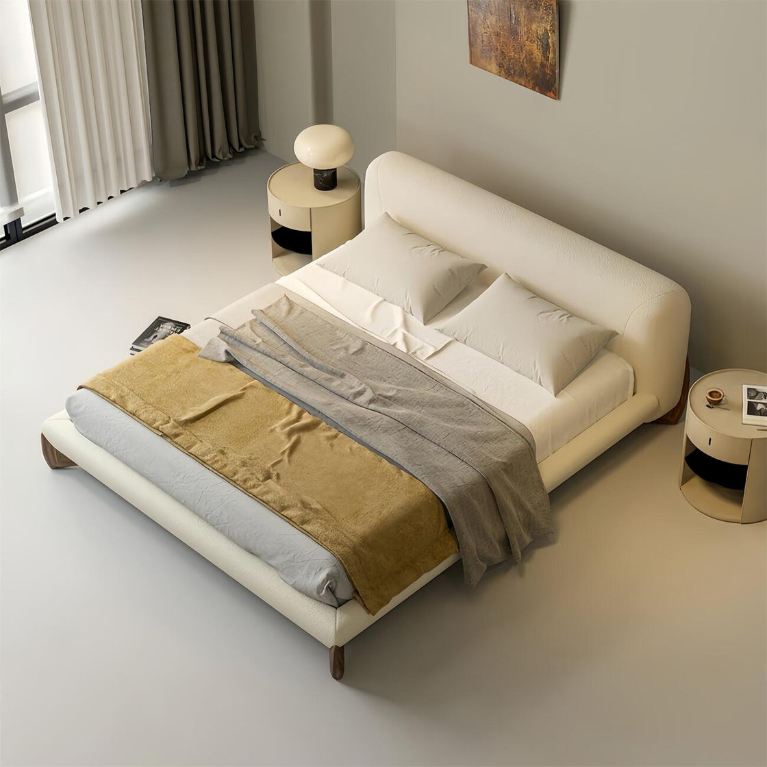 Bed Frame Fleece Fabric Platform Bed Thick Padded Headboard Bedroom Furniture