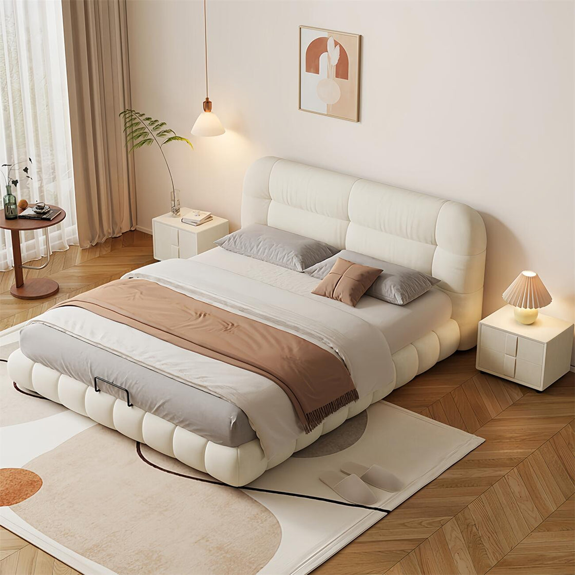 Bed Frame Velvet Fabric Platform Bed Thick Padded Headboard Premium Wooden Frame Bedroom