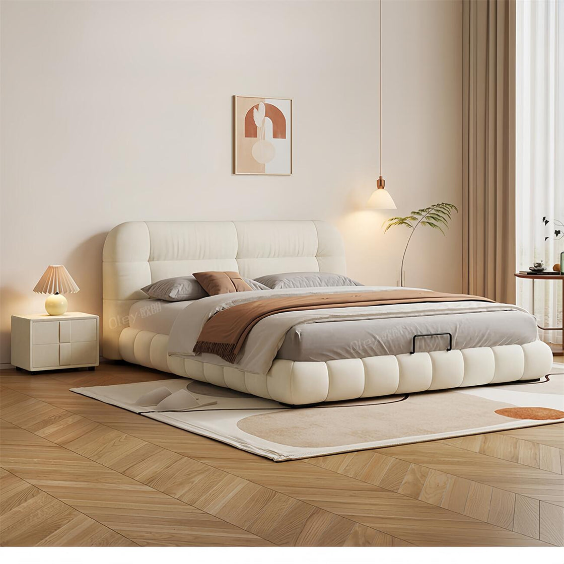 Bed Frame Velvet Fabric Platform Bed Thick Padded Headboard Premium Wooden Frame Bedroom