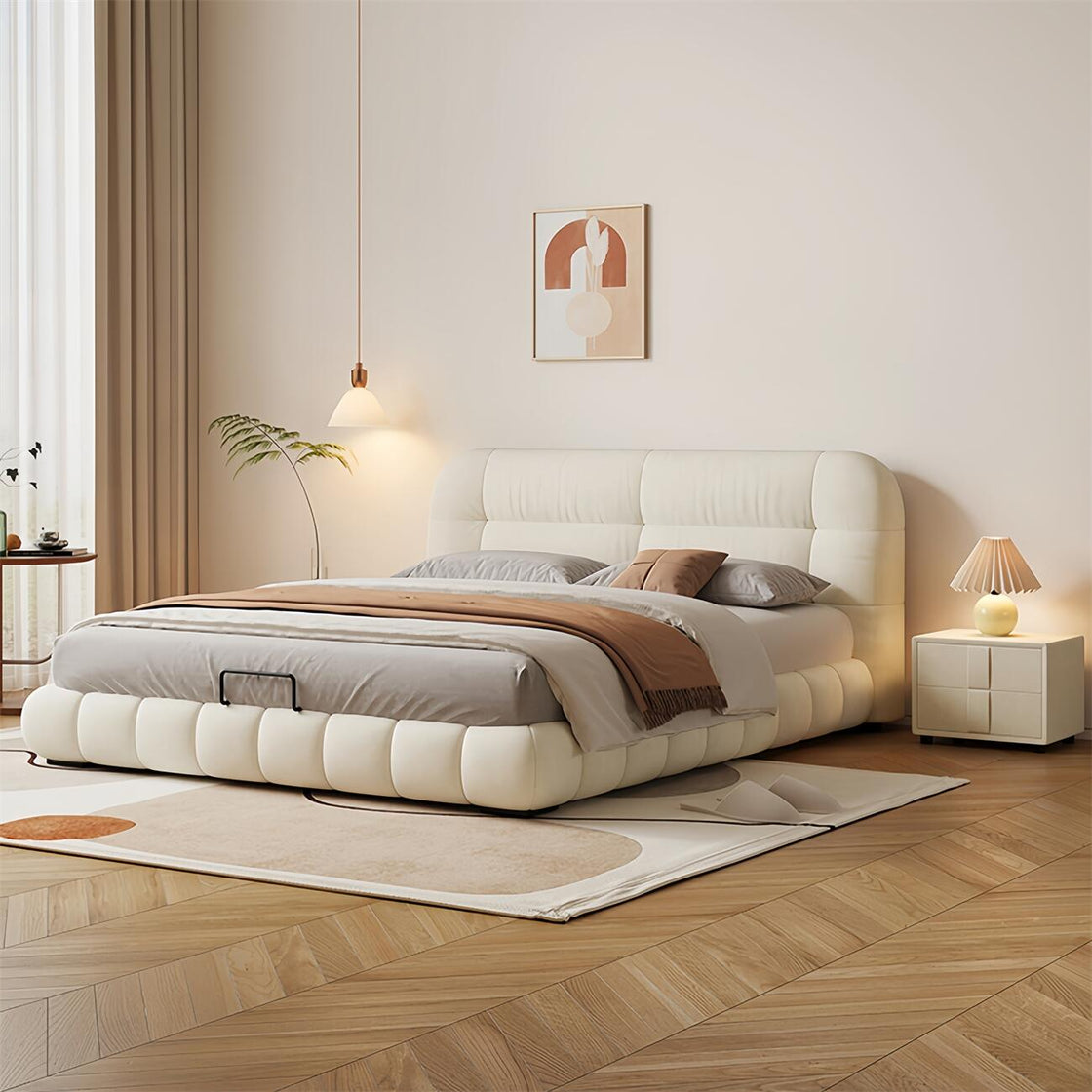 Bed Frame Velvet Fabric Platform Bed Thick Padded Headboard Premium Wooden Frame Bedroom