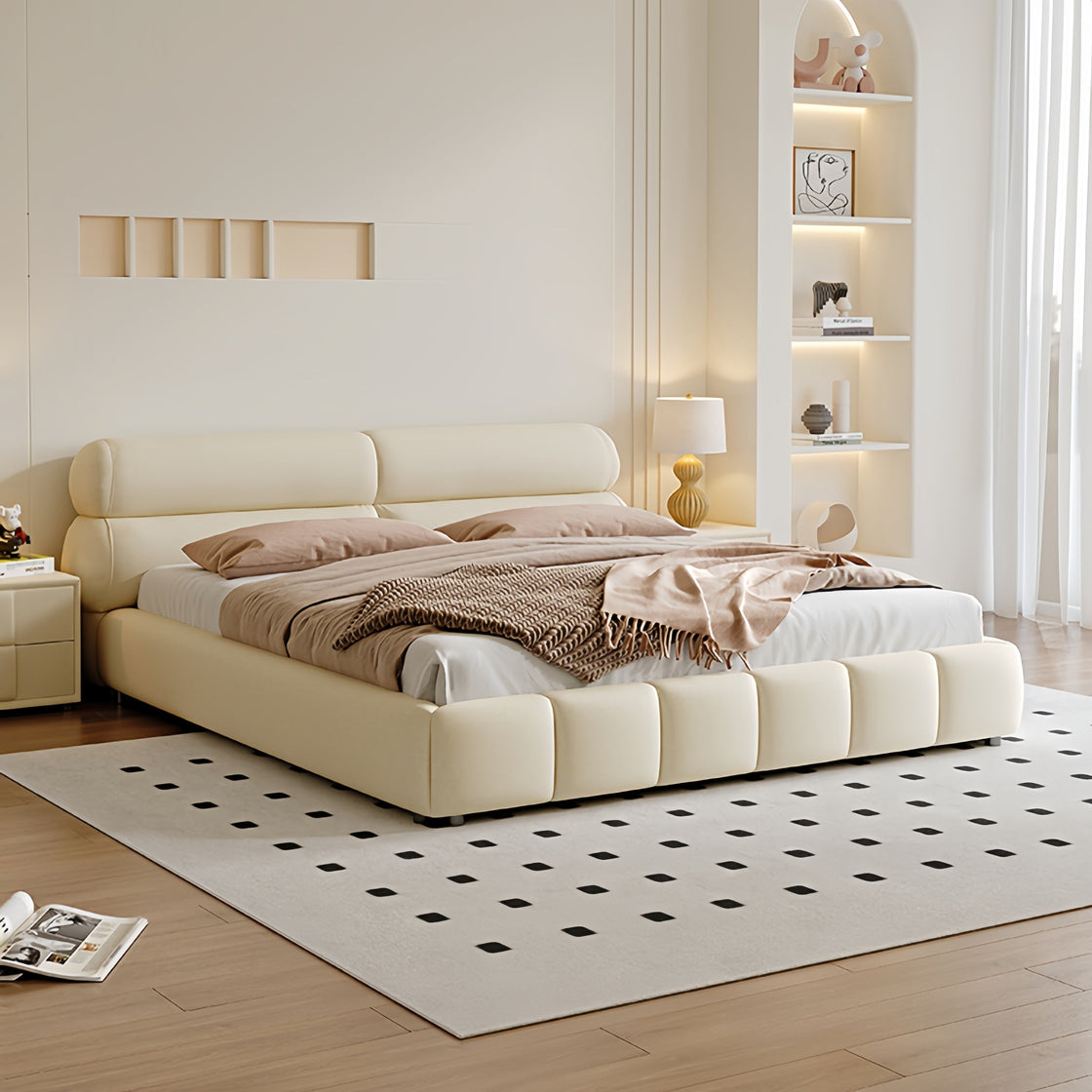 Bed Frame Velvet Fabric Platform Bed Thick Padded Headboard Premium Wooden Frame Bedroom Apartments Furniture