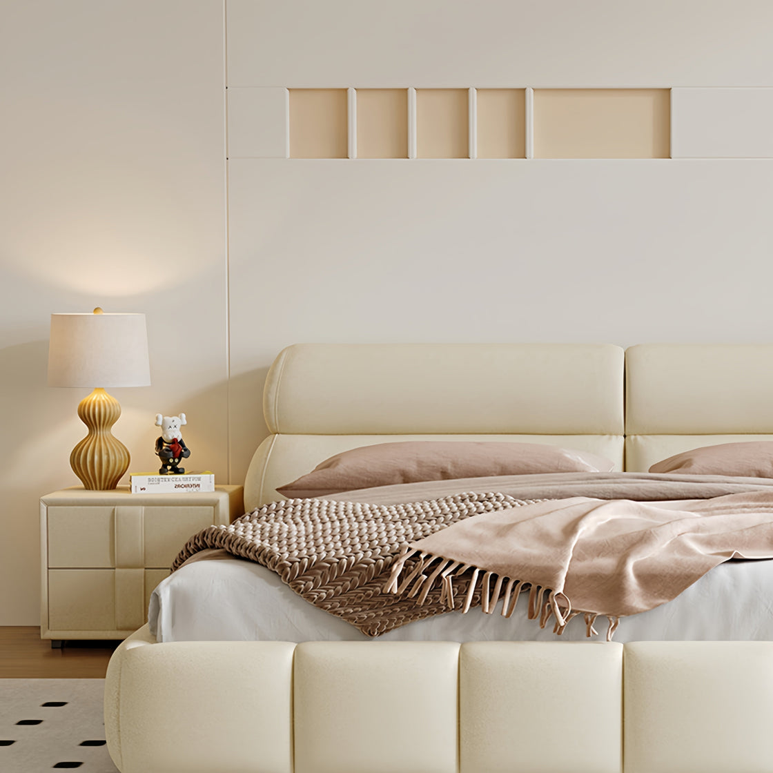 Bed Frame Velvet Fabric Platform Bed Thick Padded Headboard Premium Wooden Frame Bedroom Apartments Furniture