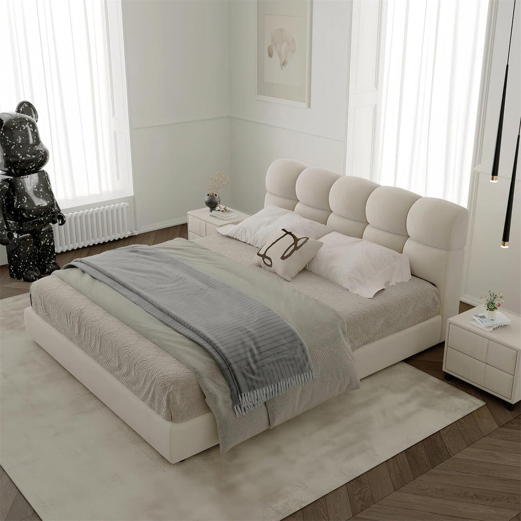 Bed Frame Velvet Fabric Platform Bed Thick Padded Headboard Premium Wooden Frame Bedroom Apartments Furniture