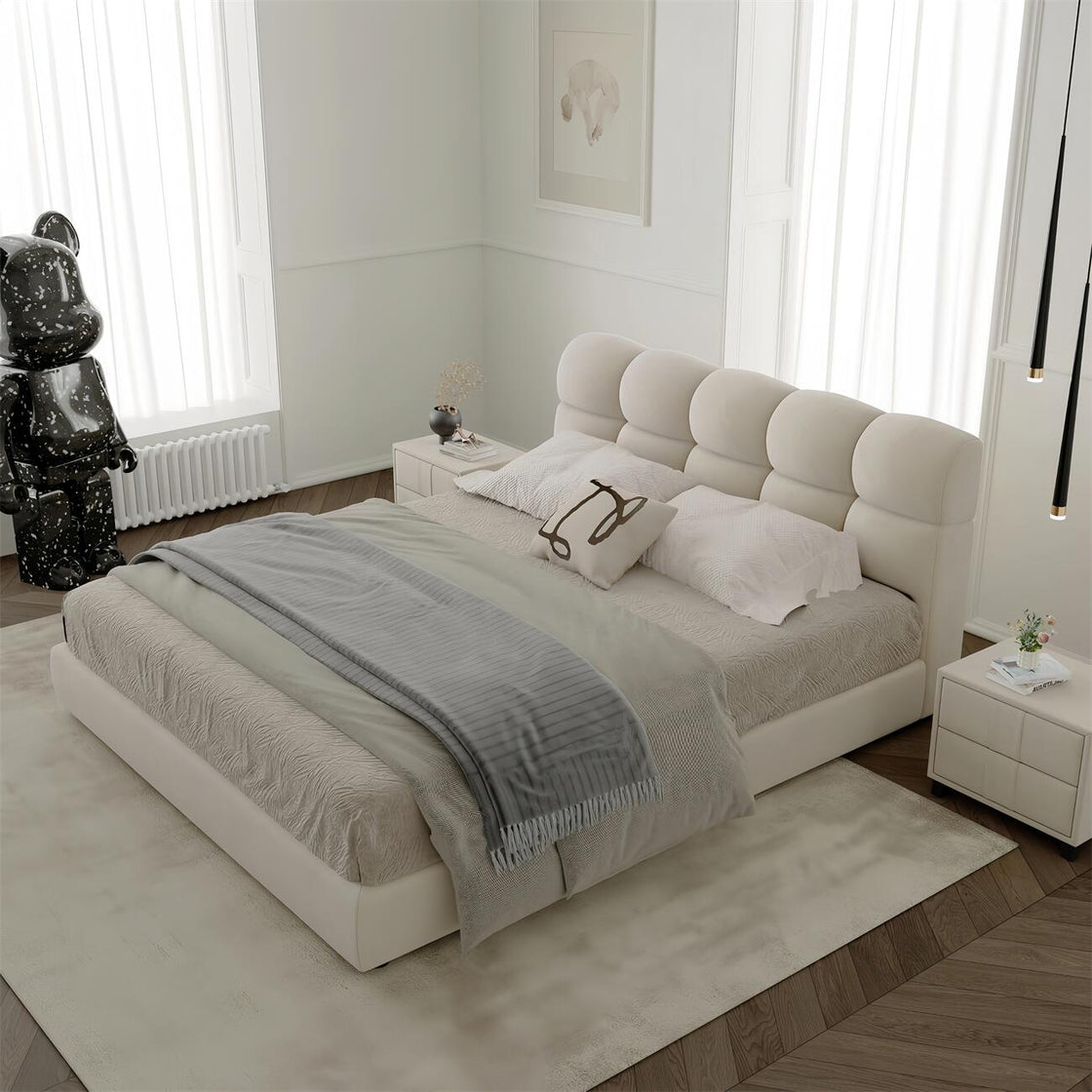 Bed Frame Velvet Fabric Platform Bed Thick Padded Headboard Premium Wooden Frame Bedroom Apartments Furniture