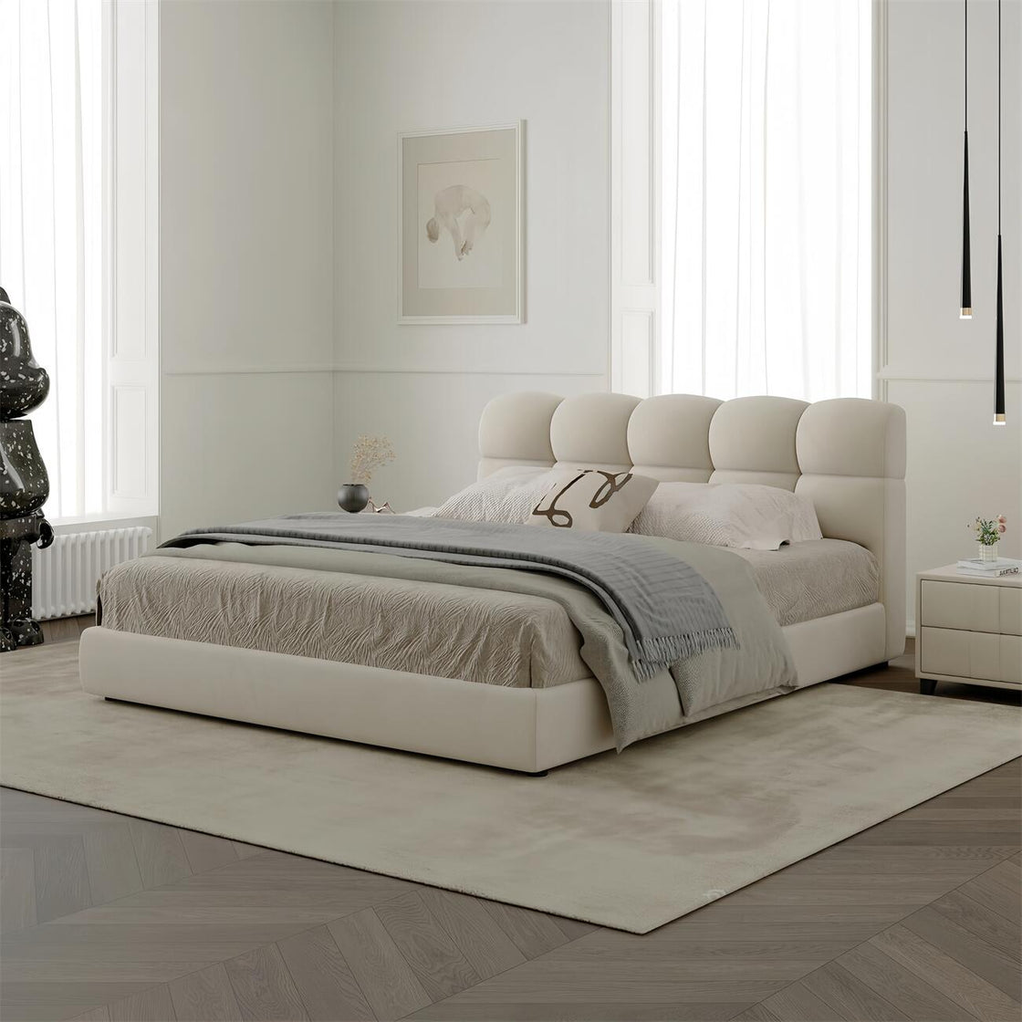 Bed Frame Velvet Fabric Platform Bed Thick Padded Headboard Premium Wooden Frame Bedroom Apartments Furniture