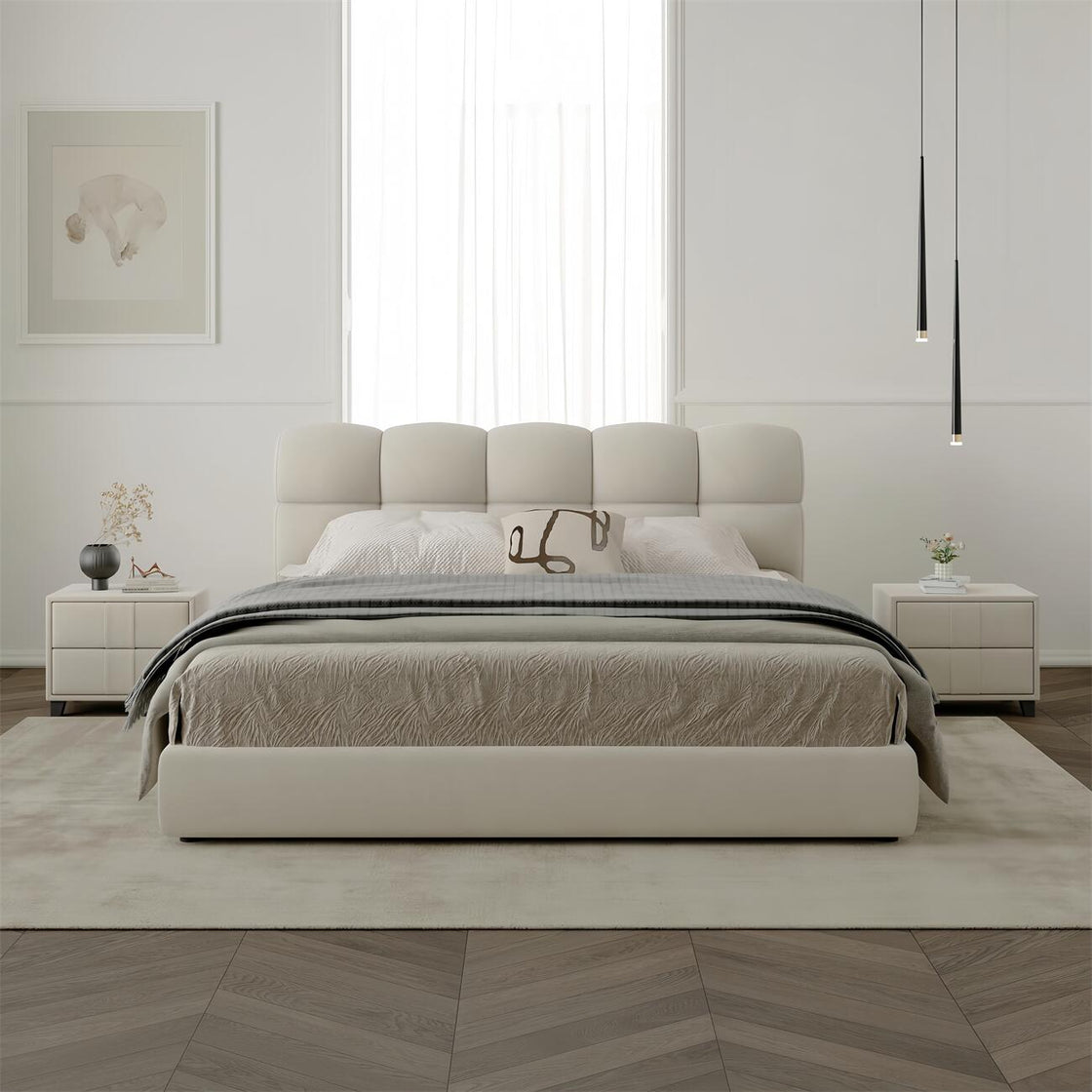 Bed Frame Velvet Fabric Platform Bed Thick Padded Headboard Premium Wooden Frame Bedroom Apartments Furniture
