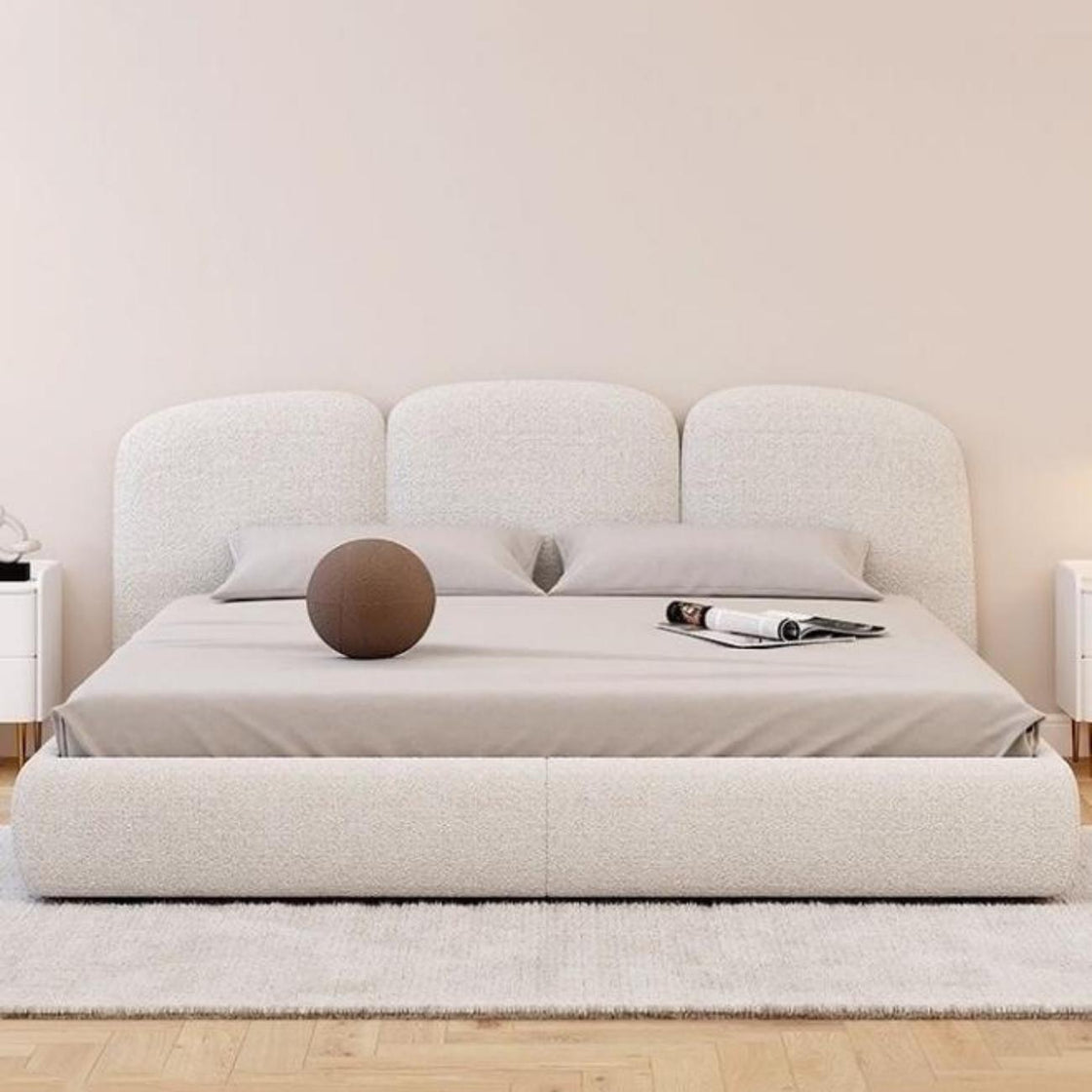 Bed Frame Fleece Fabric Platform Bed Thick Padded Headboard Premium Wooden Frame Bedroom Apartments Furniture