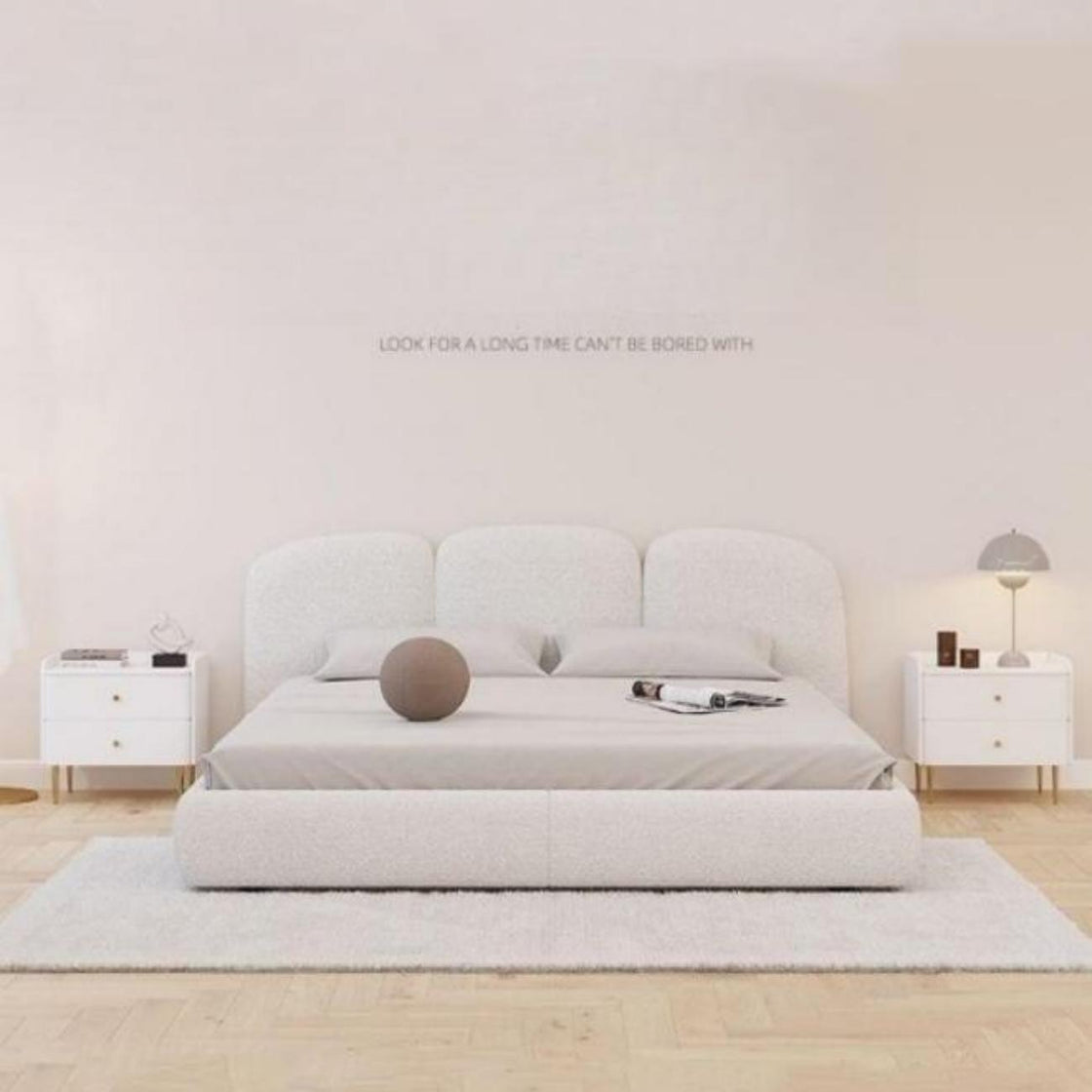Bed Frame Fleece Fabric Platform Bed Thick Padded Headboard Premium Wooden Frame Bedroom Apartments Furniture