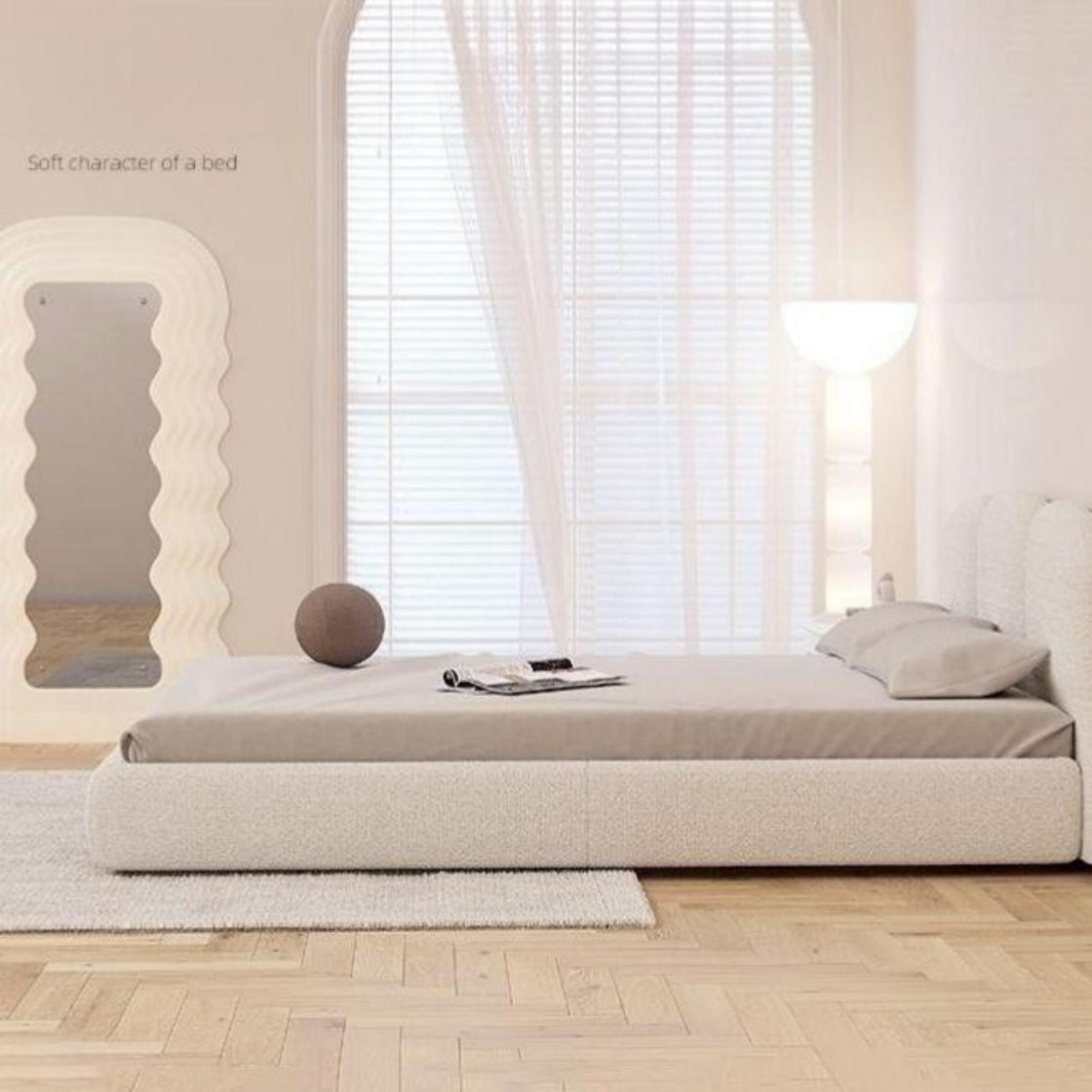 Bed Frame Fleece Fabric Platform Bed Thick Padded Headboard Premium Wooden Frame Bedroom Apartments Furniture