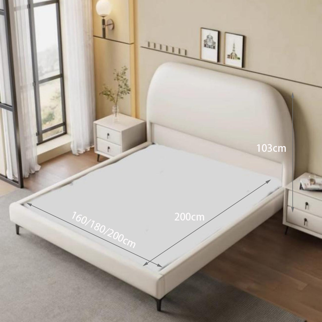 Bed Frame Leather Fabric Platform Bed Thick Padded Headboard Premium Wooden Frame Bedroom Apartments Furniture
