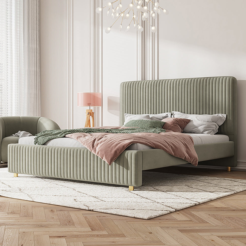 Bed Frame Velvet Fabric Platform Bed Thick Padded Headboard Premium Wooden Frame Bedroom