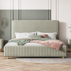 Bed Frame Velvet Fabric Platform Bed Thick Padded Headboard Premium Wooden Frame Bedroom