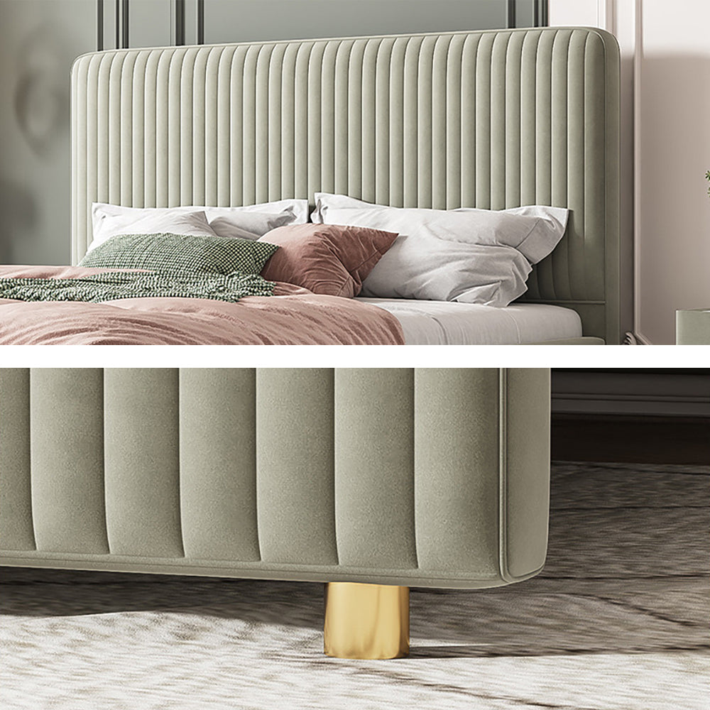 Bed Frame Velvet Fabric Platform Bed Thick Padded Headboard Premium Wooden Frame Bedroom