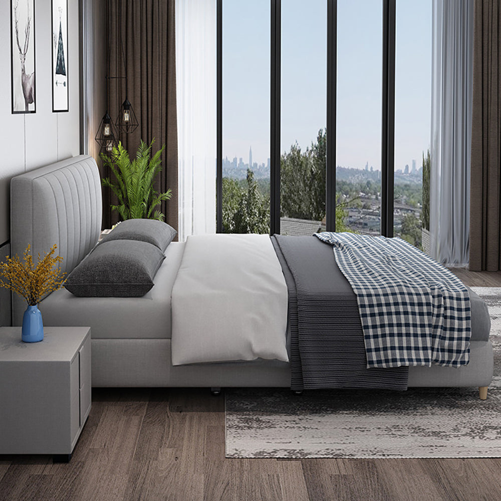Bed Frame Velvet Fabric Platform Bed Thick Padded Headboard Premium Wooden Frame Bedroom